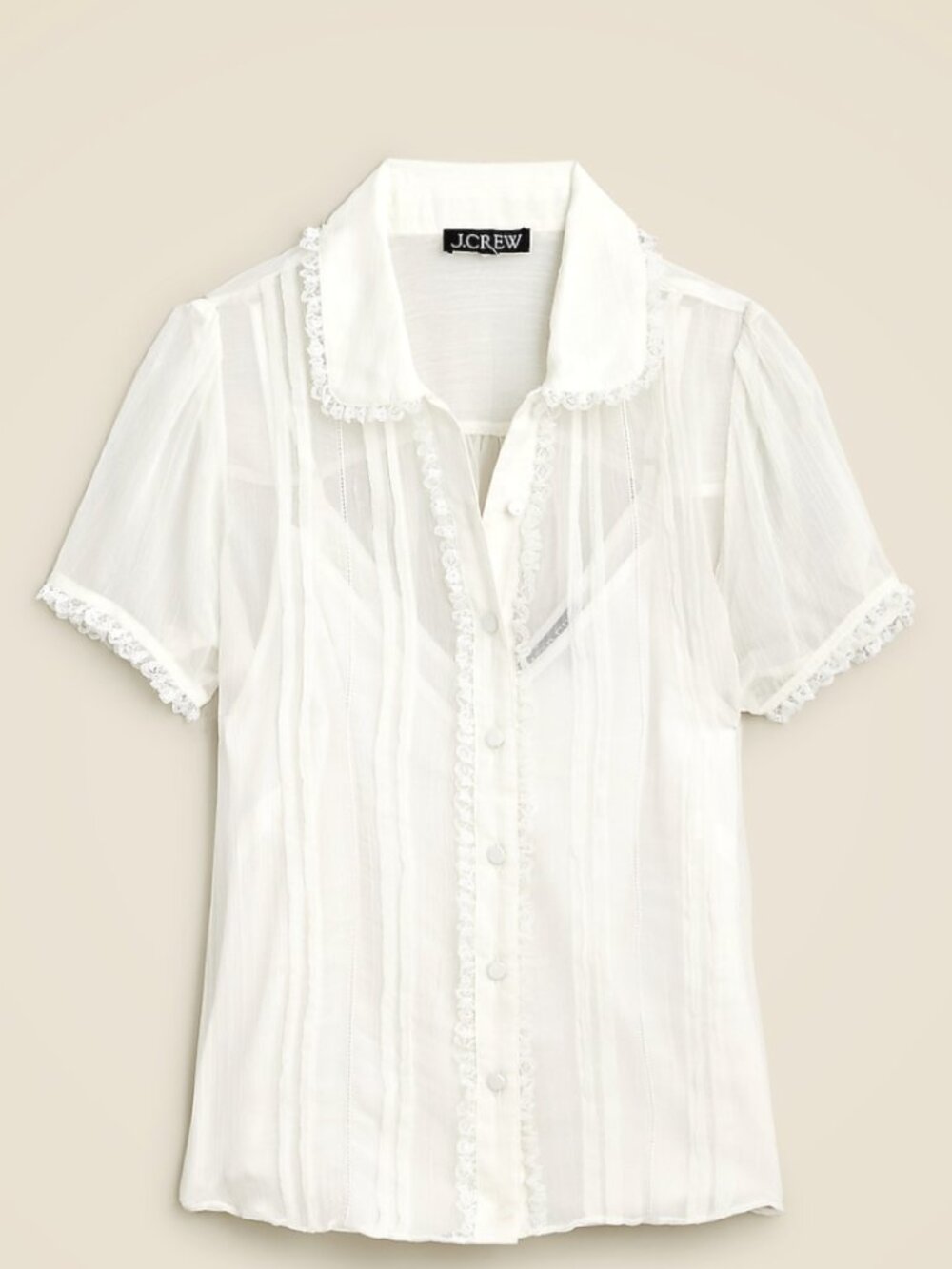 J. Crew White Cotton Lace-Trim Short Sleeve Blouse with Camisole